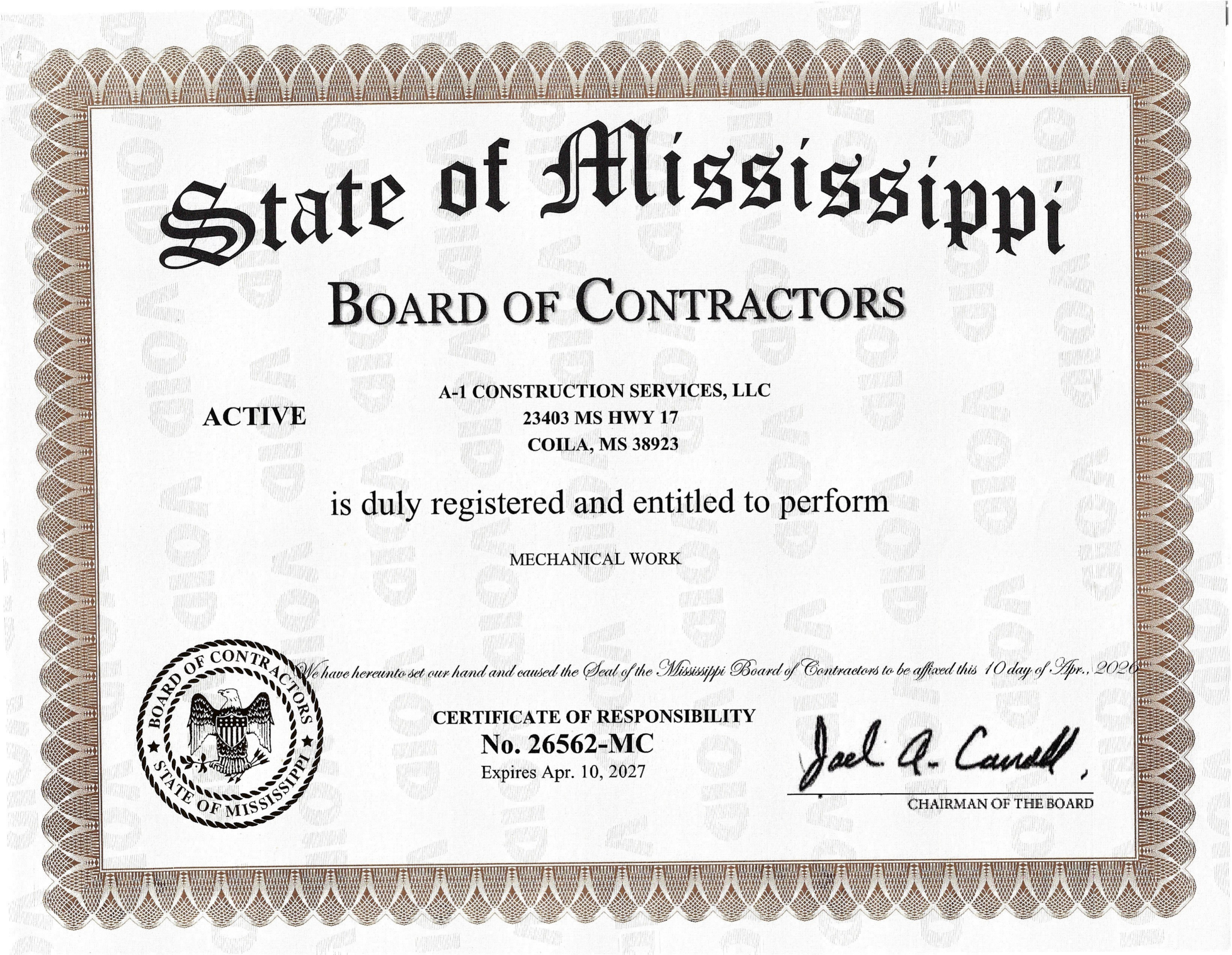 Mississippi commercial mechanical certificate of responsibility for A-1 Construction Services