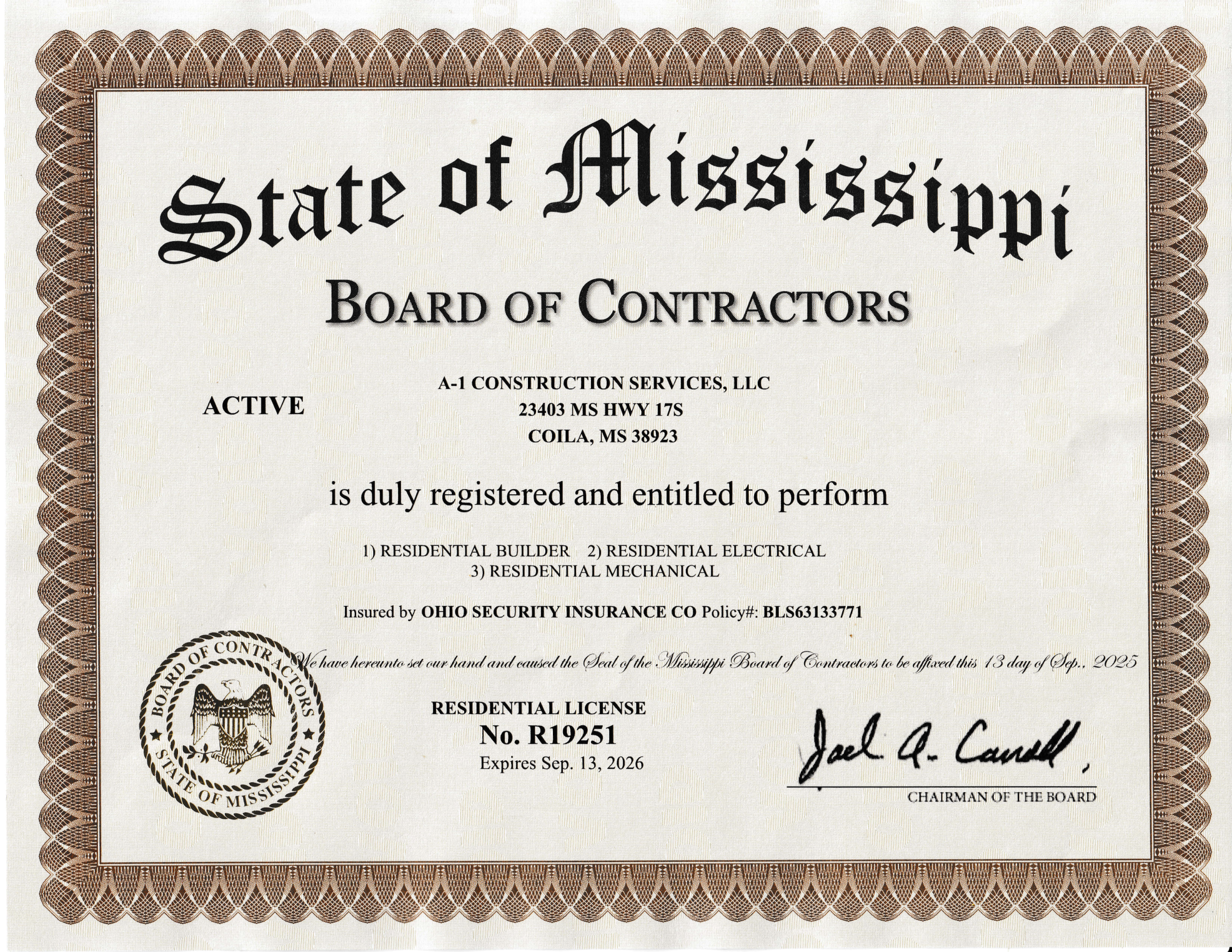 Mississippi residential contractor license for A-1 Construction Services